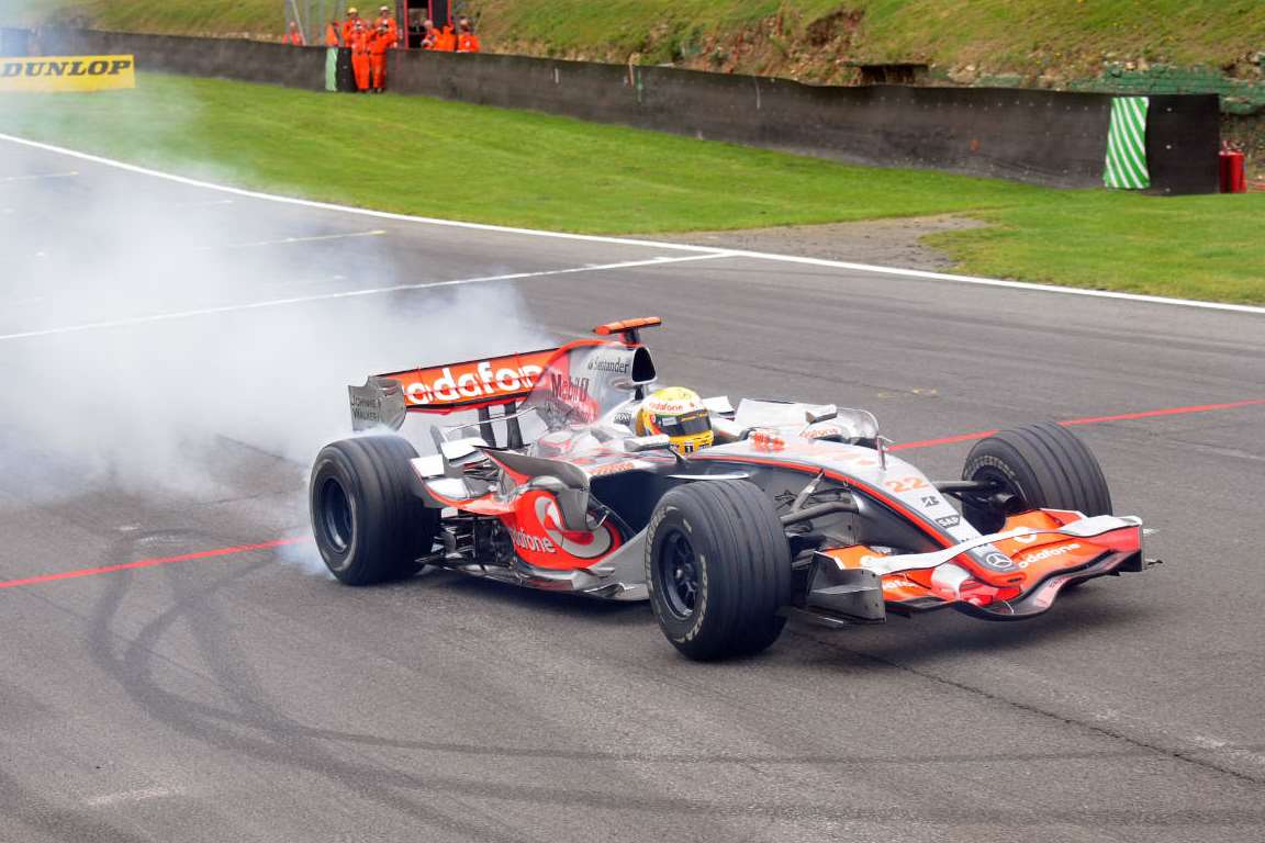 Hamilton demonstrates his McLaren at Brands in 2008. Picture: Peter Still