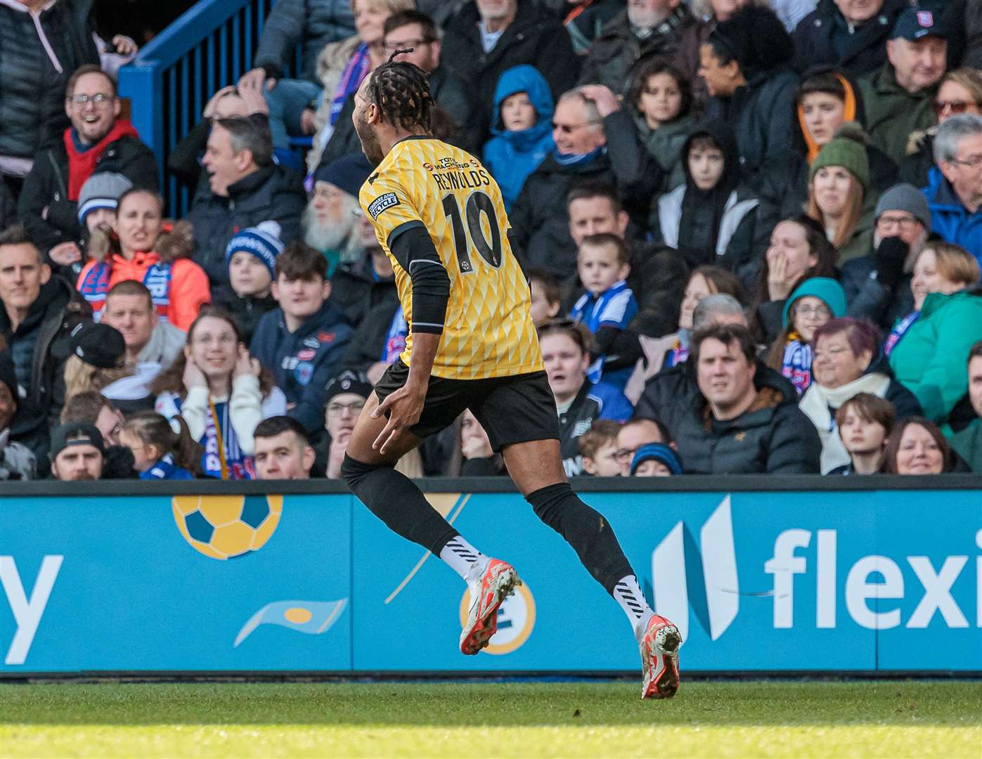 Lamar Reynolds celebrates his goal in Maidstone's FA Cup win at Ipswich. Picture: Helen Cooper