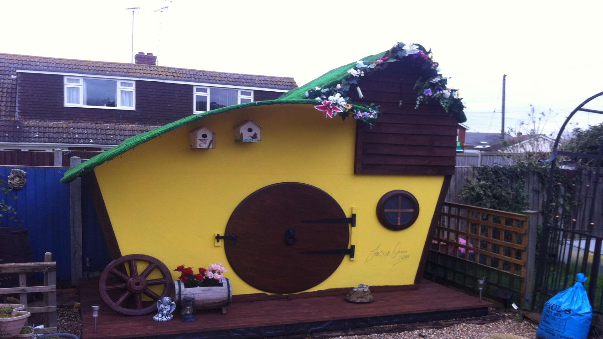 A hobbit house was built in the back garden.