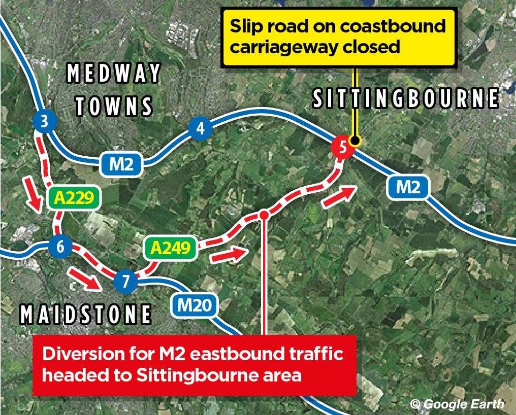 The M2 coastbound junction 5 slip closure diversion route via Blue Bell Hill. Picture: KM Graphics and Google Earth.