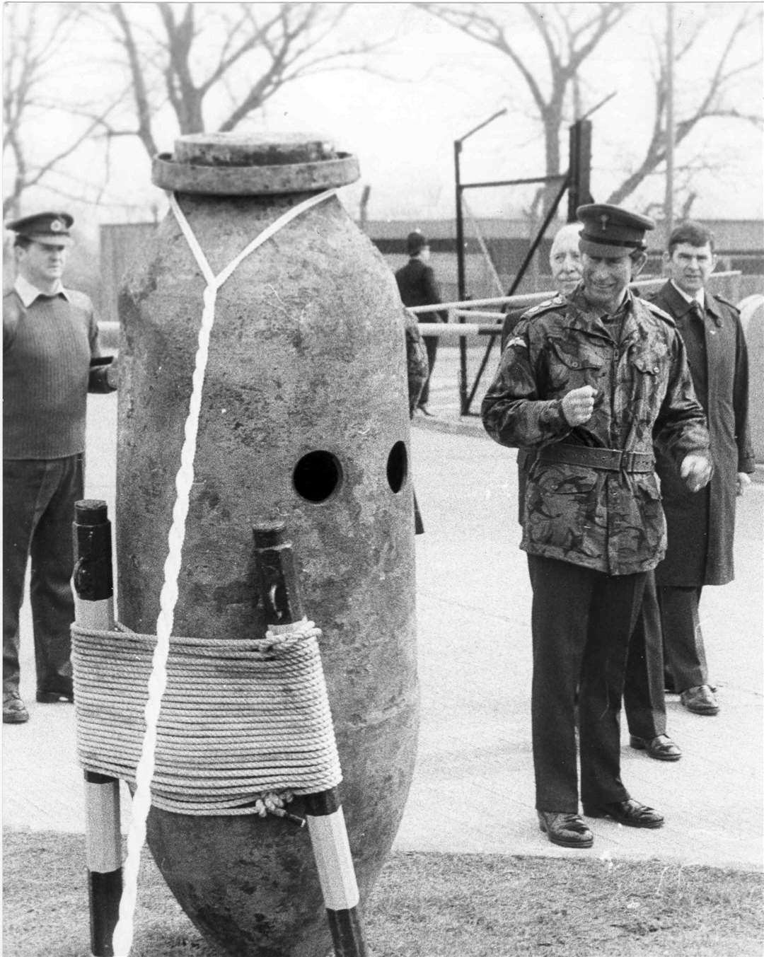 Prince Charles came face to face with this German bomb on a visit to the Royal Engineers at Chattenden, Gillingham. The bomb, nicknamed Hermann, had recently been defused in Sheffield by the bomb squad from Chattenden