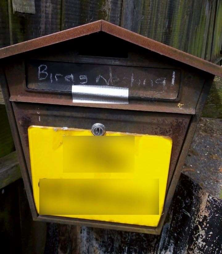 The letterbox with the 'birds nesting' warning on it and taped-up flap before a Kent County Council worker forced a letter inside. Picture: Lindsey Gorham