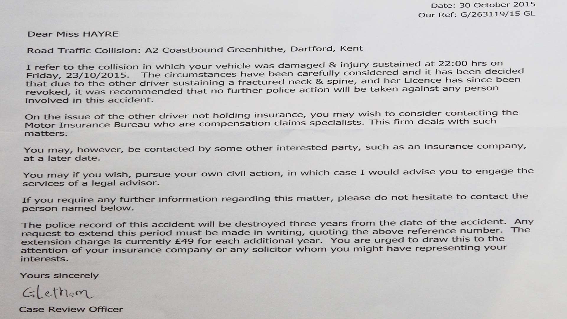 A letter from the Kent Police saying they will not take further action against a motorist who drove the wrong way down the A2