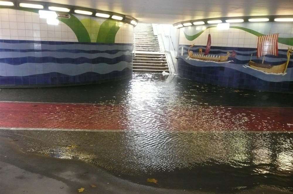 Flooding at the subway beneath Townwall Street in Dover.