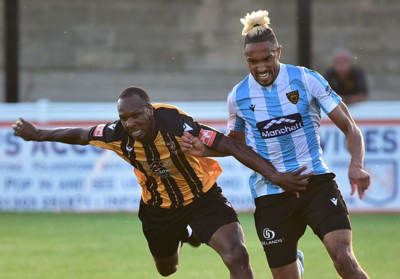 Match action between Folkestone and Maidstone United as George Elokobi’s team edged to a 1-0 victory on Tuesday. Picture: Steve Terrell