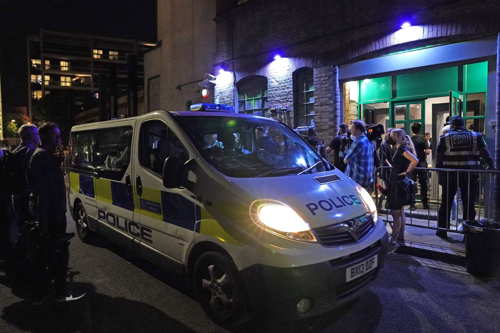 A police van outside Egg nightclub in London as police talk to security (Jonathan Brady/PA)