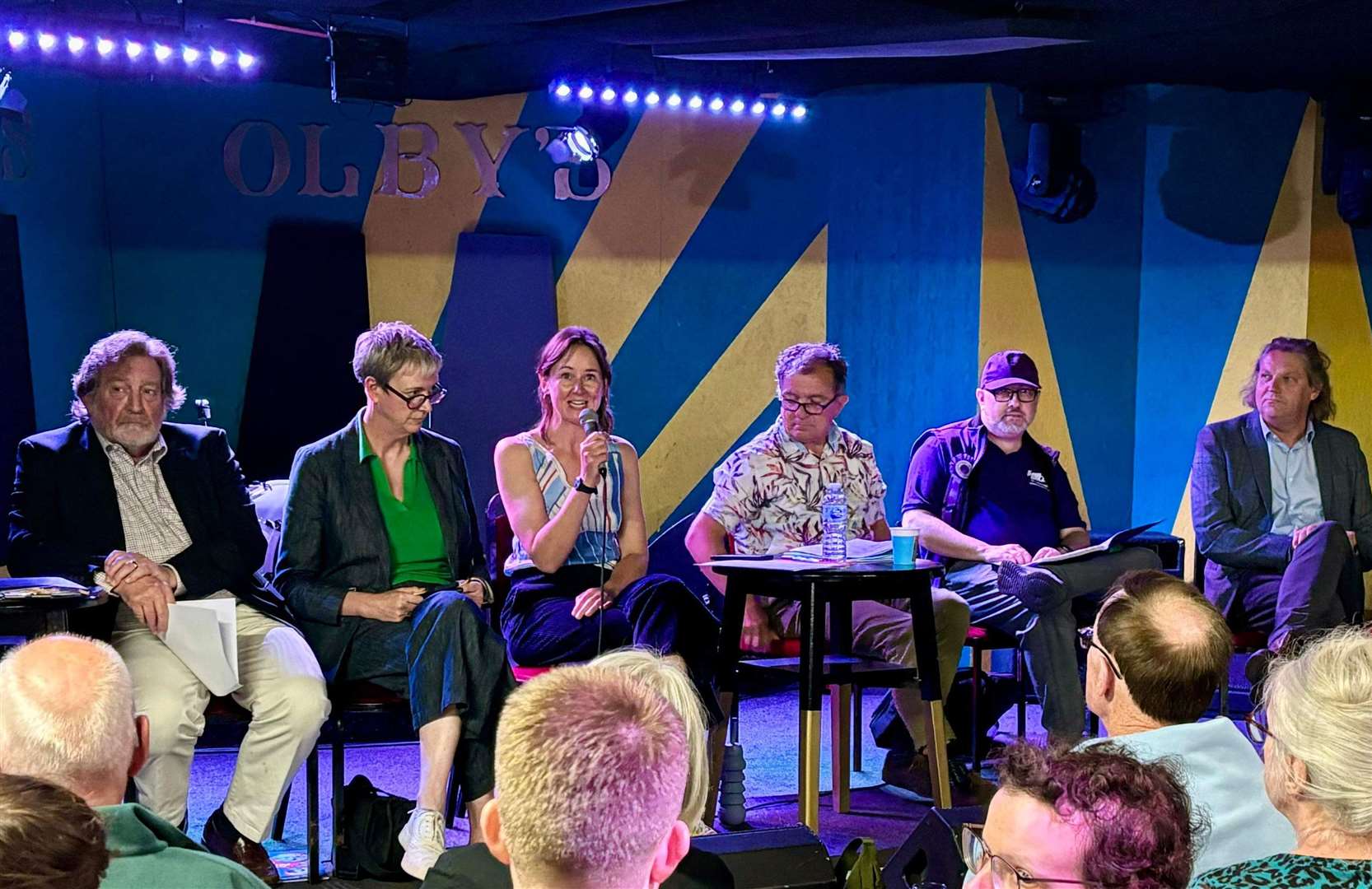 General election hustings for East Thanet held at Olby's in Margate. From left: Grahame Birchall (Ind), Polly Billington (Lab), chairwoman Jo Verney, Steve Roberts (Green), Paul Holton (Ind) and Paul Webb (Reform). Picture: Rebecca Smith
