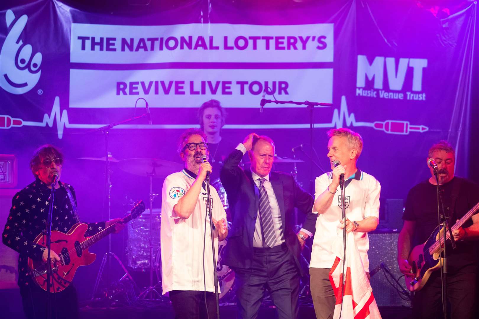 David Baddiel, Frank Skinner and Lighting Seeds with Sir Geoff Hurst performing their song Three Lions (David Parry/PA)