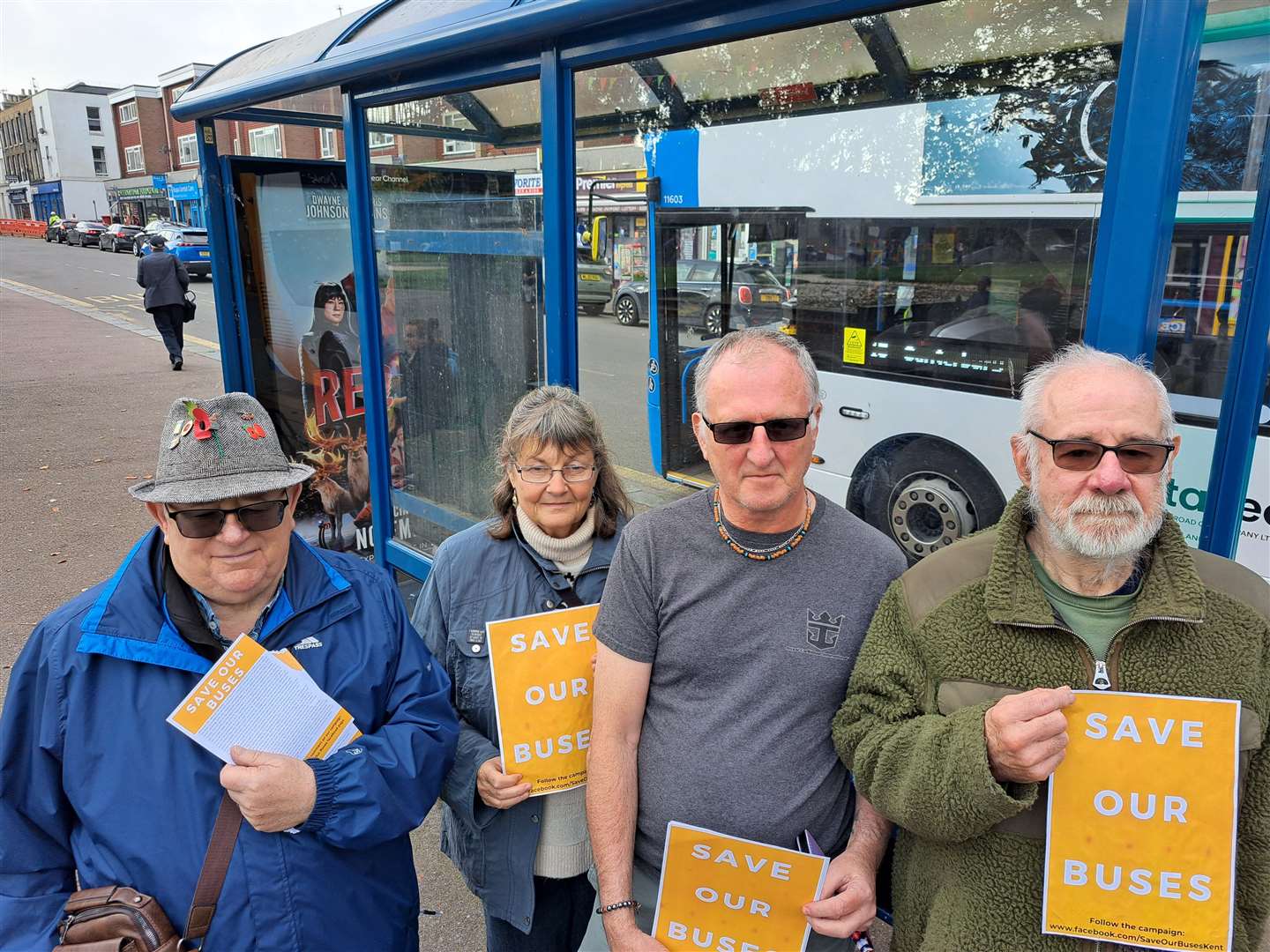 Anti-bus cuts protesters at the Pencester Road terminus, Dover. From left, Sean Spillane, Linda Walmesley, Keith Sansum and John Linge