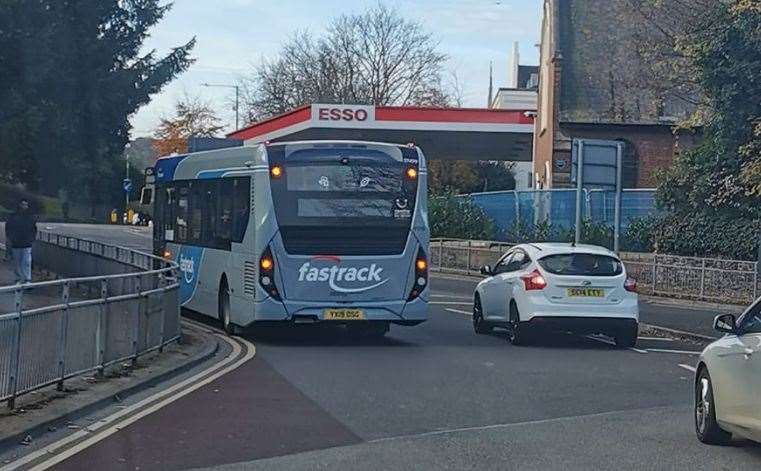 One of the new Fastrack buses with its hazard lights at Folkestone Road, Dover