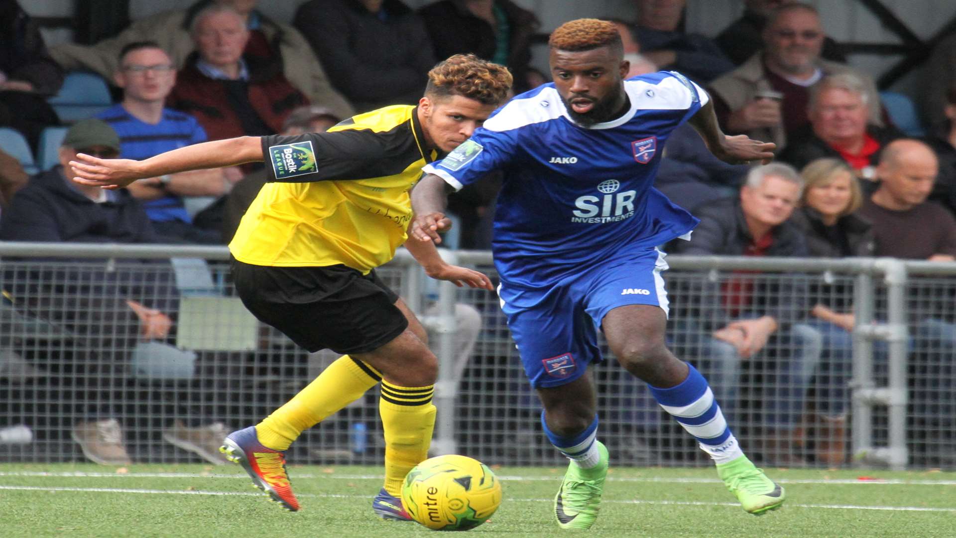 Margate's Chris Sessegnon wins the ball from Herne Bay's Nassim Dukali to help set up their second goal. Picture: Don Walker