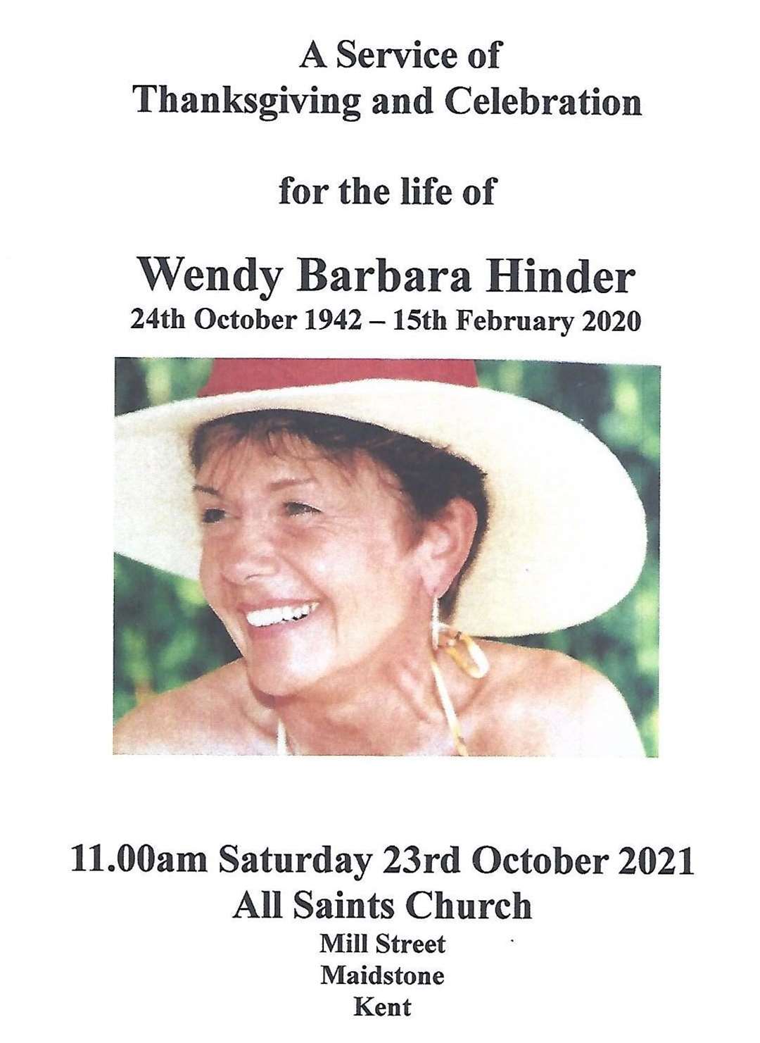 The order of service for Wendy Hinder