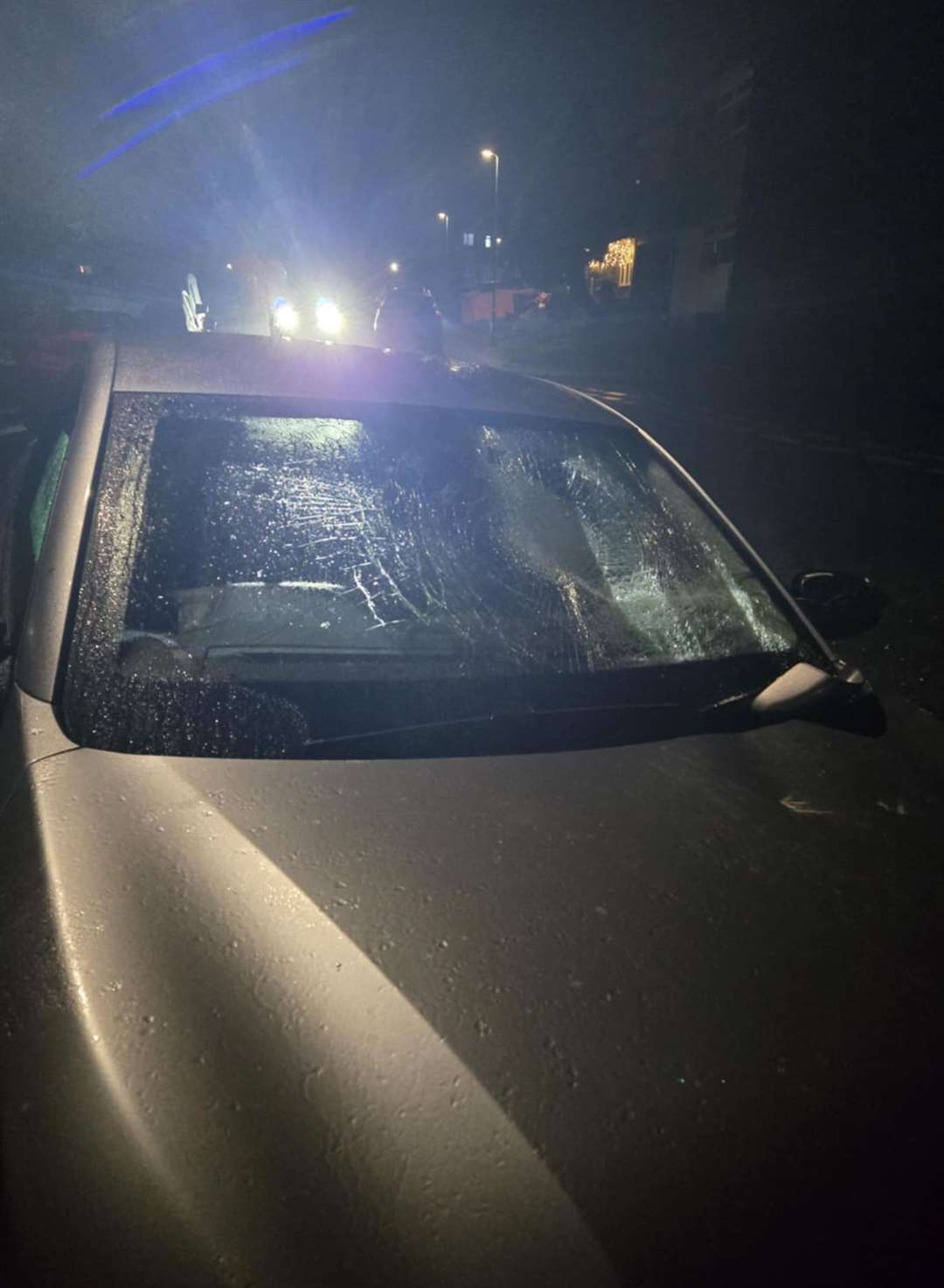 The damage to Logan Heasman’s electric Peugeot 208 in Paddock Close near the junction with Towers Wood in Darenth at around 10.10pm on December 23. Picture: Logan Heasman