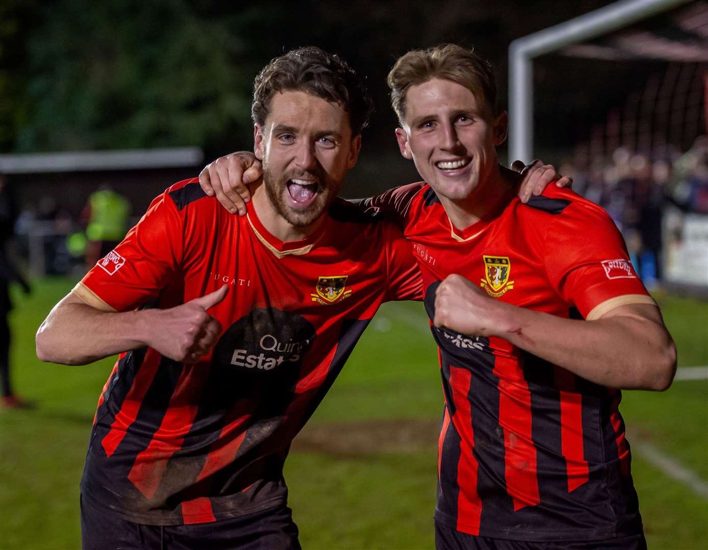 Sittingbourne defenders Jack Steventon and Liam Smith celebrate the Brickies’ FA Trophy win over Salisbury. Picture: Ian Scammell