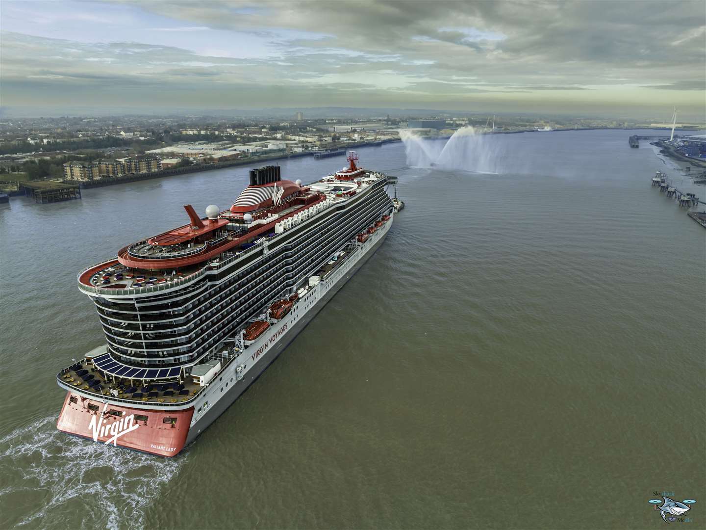 Virgin's Valiant Lady cruise ship makes for an impressive sight on The Thames at Gravesend. Picture: Mark Dillen / Skyshark Media