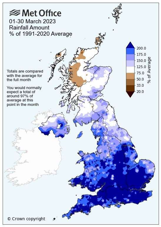 It's been a very wet March says the Met Office. Image: Met Office.