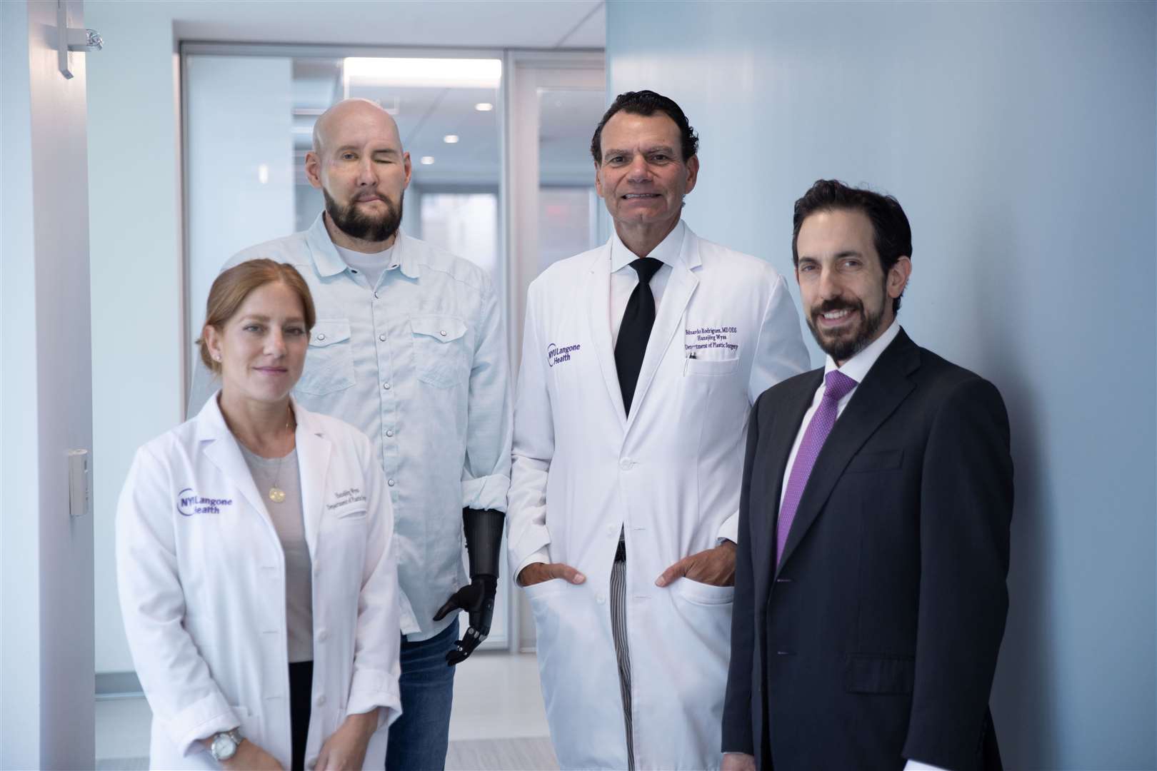 Aaron James with Dr Eduardo Rodriguez; second from right, Dr Daniel Ceradini, and nurse Allison Rojas, left (Haley Ricciardi/NYU Langone Health)