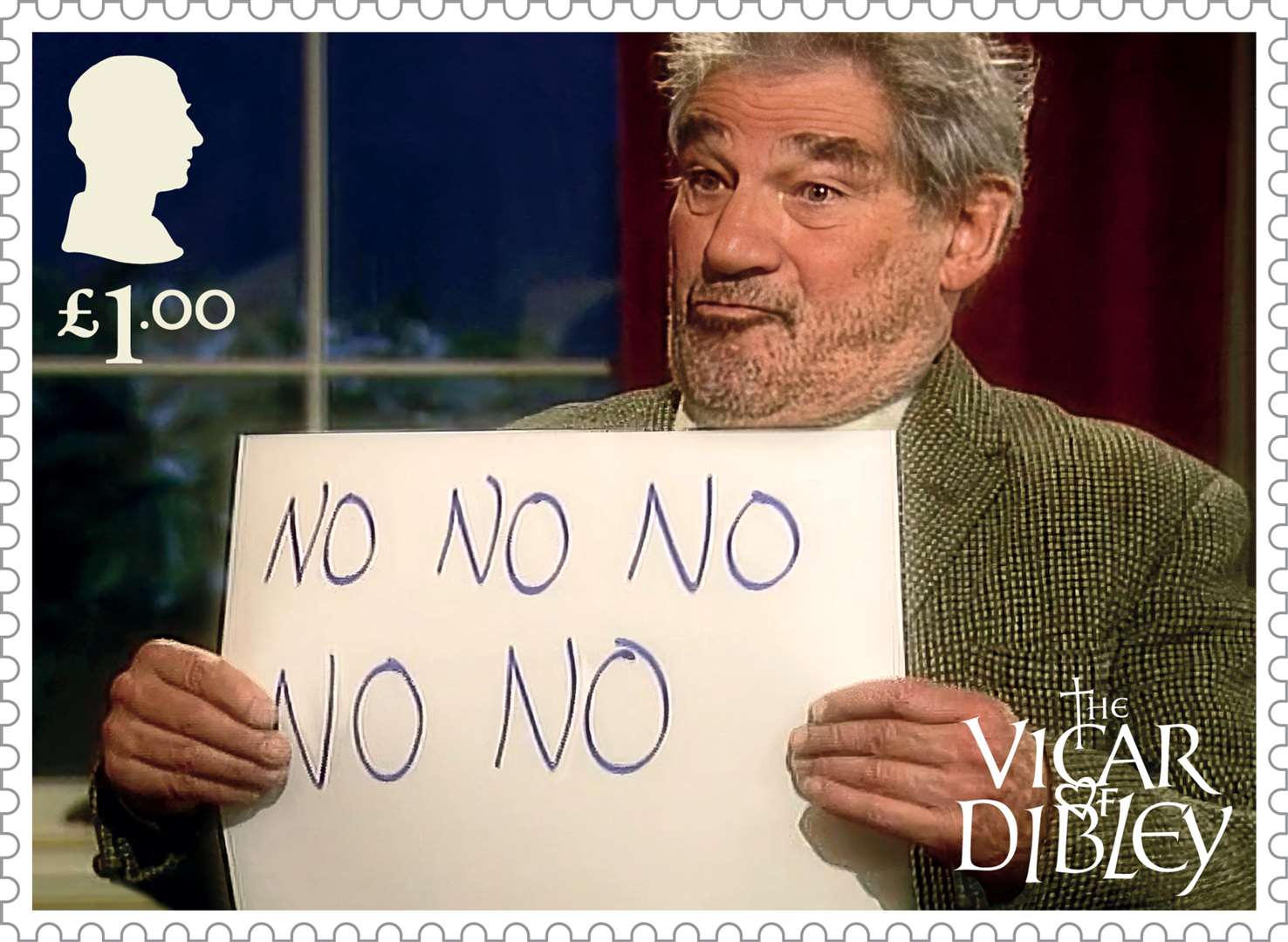 On the £1 stamp, to avoid waking Alice and Hugo's baby, Jim writes his characteristic response to a question on a flash card