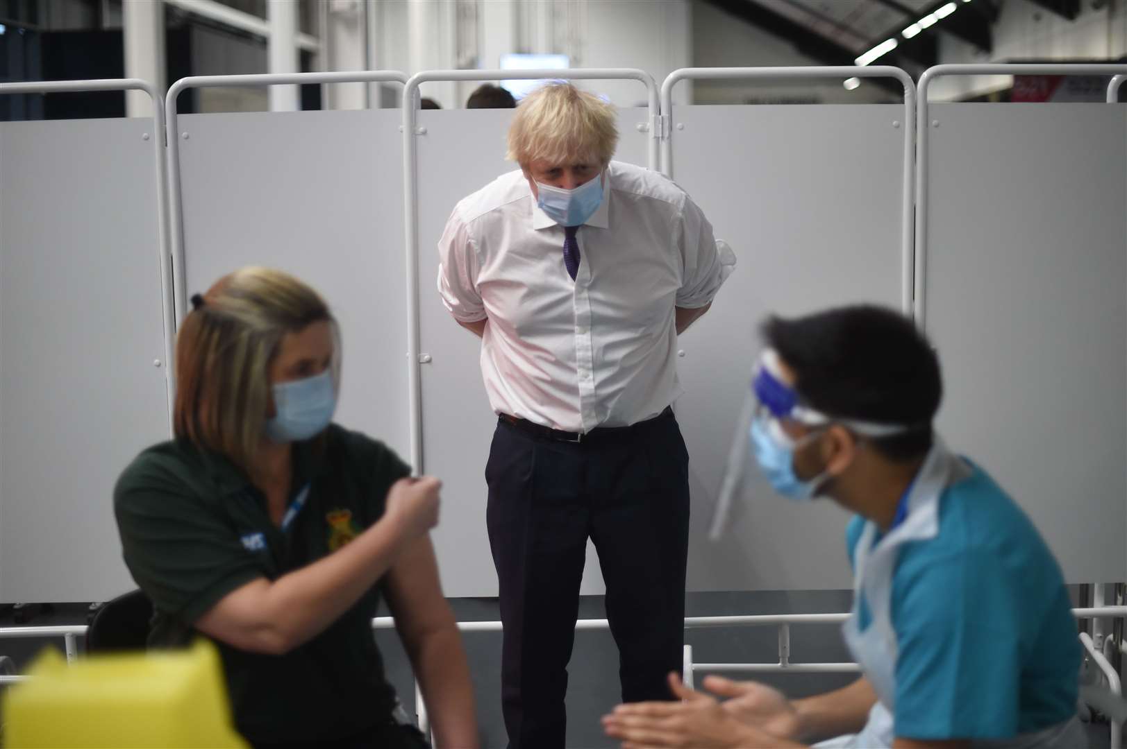 Prime Minister Boris Johnson at Ashton Gate Stadium in Bristol, during a visit to one of the seven mass vaccination centres open across England (Eddie Mulholland/The Daily Telegraph)