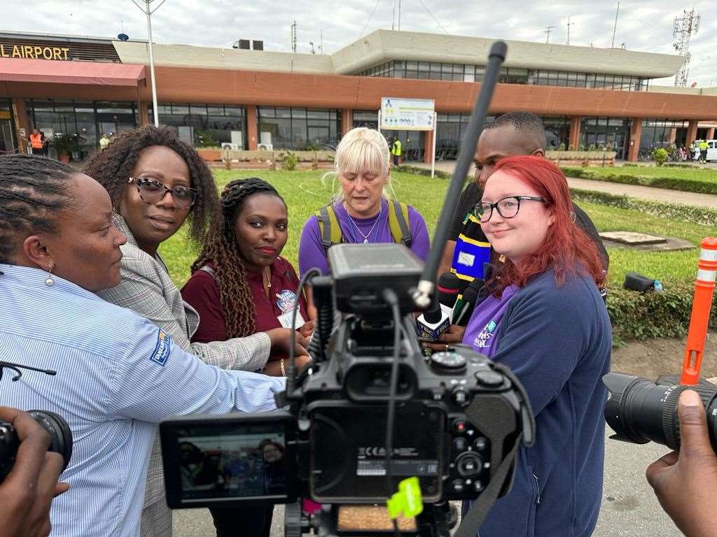 Caroline Heffernan (middle) and Siobhan Brady speaking to the press in Tanzania (Pat Falvey)