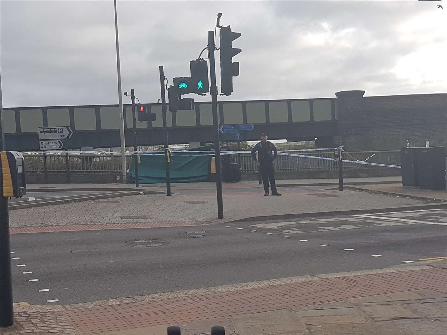 A green tarpaulin has been put up around the scene at Rochester Bridge (4224679)