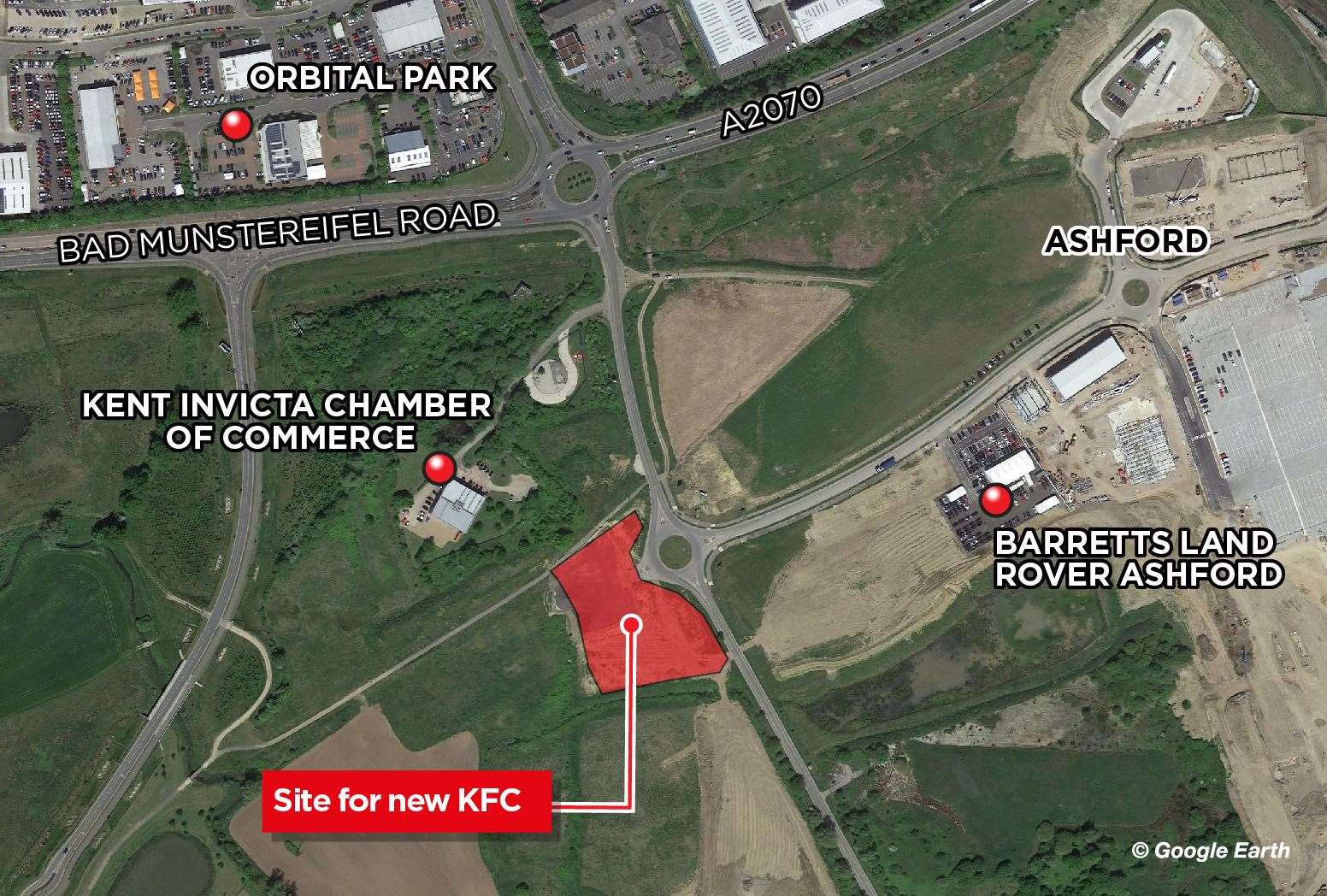 Where Ashford's fourth KFC will be built; a new warehouse linked to distribution giant Amazon is to go on the open space on the right of the map, next to the A2070