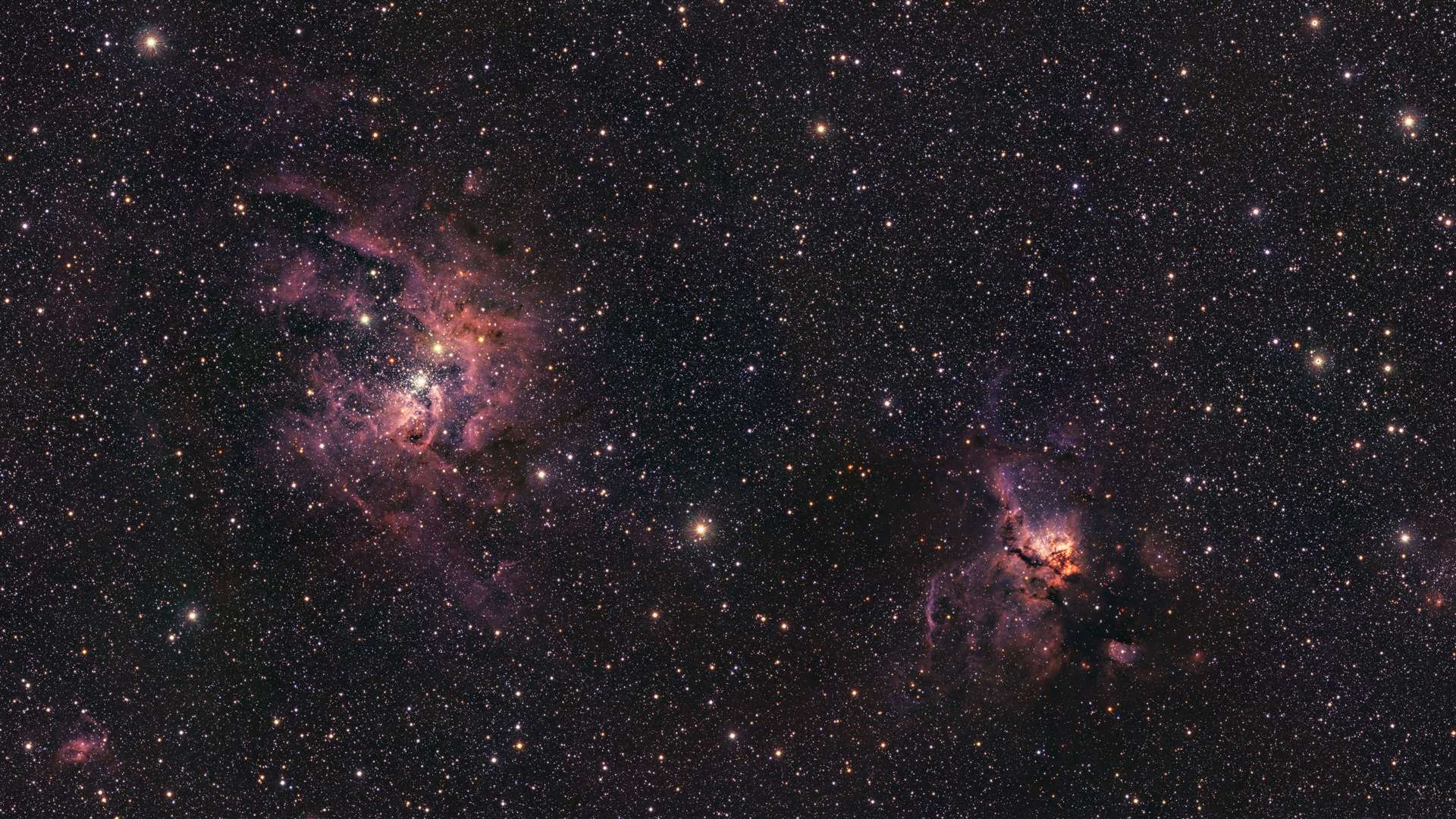 A new view of NGC 3603 (left) and NGC 3576 (right), two stunning nebulas imaged with ESO’s Visible and Infrared Survey Telescope for Astronomy (ESO/VVVX survey)