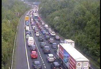 Traffic on the M2 after the coastbound carriageway was closed near junction 1. Picture: Highways England