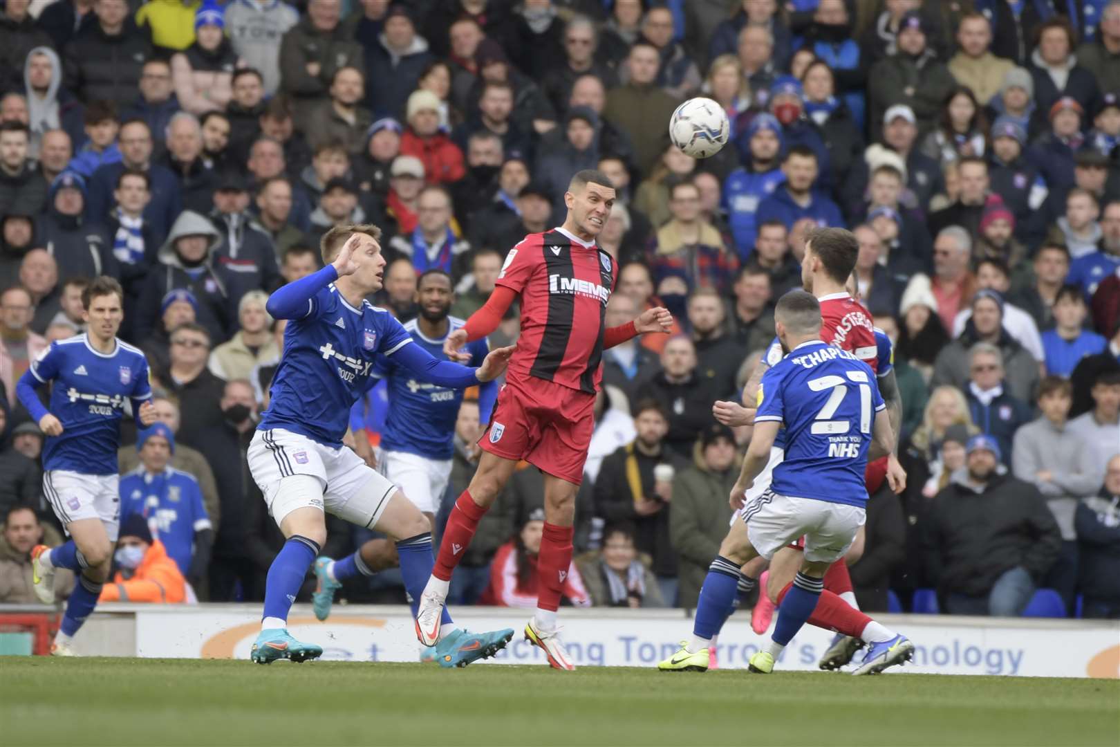 Captain Stuart O'Keefe in the thick of it against his former club Picture: Barry Goodwin