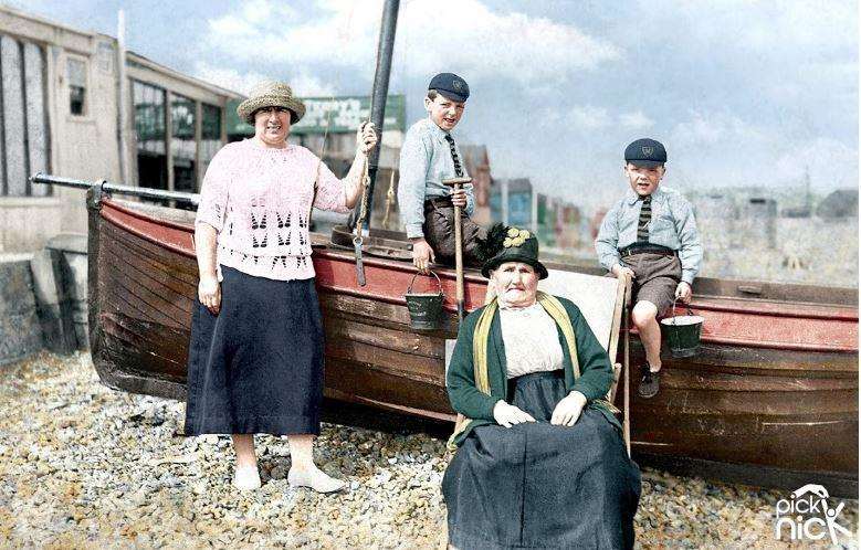 The colourised image of a family outing to Whitstable, circa 1925