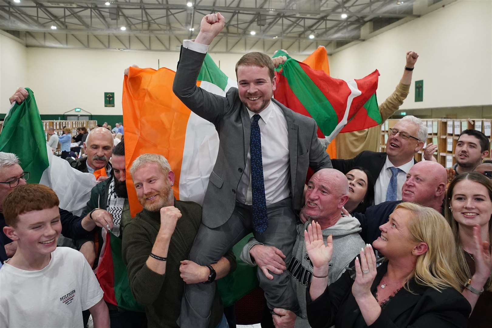 Sinn Fein’s Donnchadh O Laoghaire celebrates being elected for Cork South-Central – one of 39 seats secured by the party (PA)