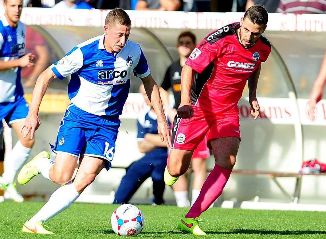 Dover captain Craig Stone,right, broke a bone in his ankle during the Vanarama Conference 2-2 draw at Southport last Saturday and is out for 12 weeks. Picture: Courtesy of Bristol Rovers Football Club