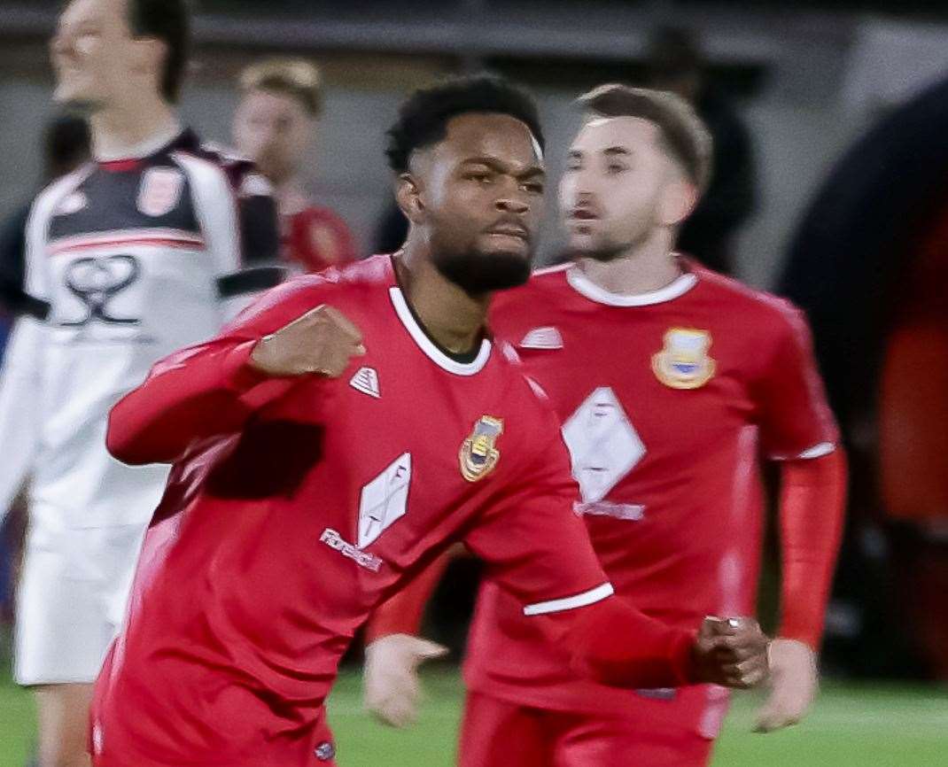 Josh Williams celebrates scoring Whitstable's first goal against Faversham last Saturday in their 2-2 draw. Picture: Les Biggs