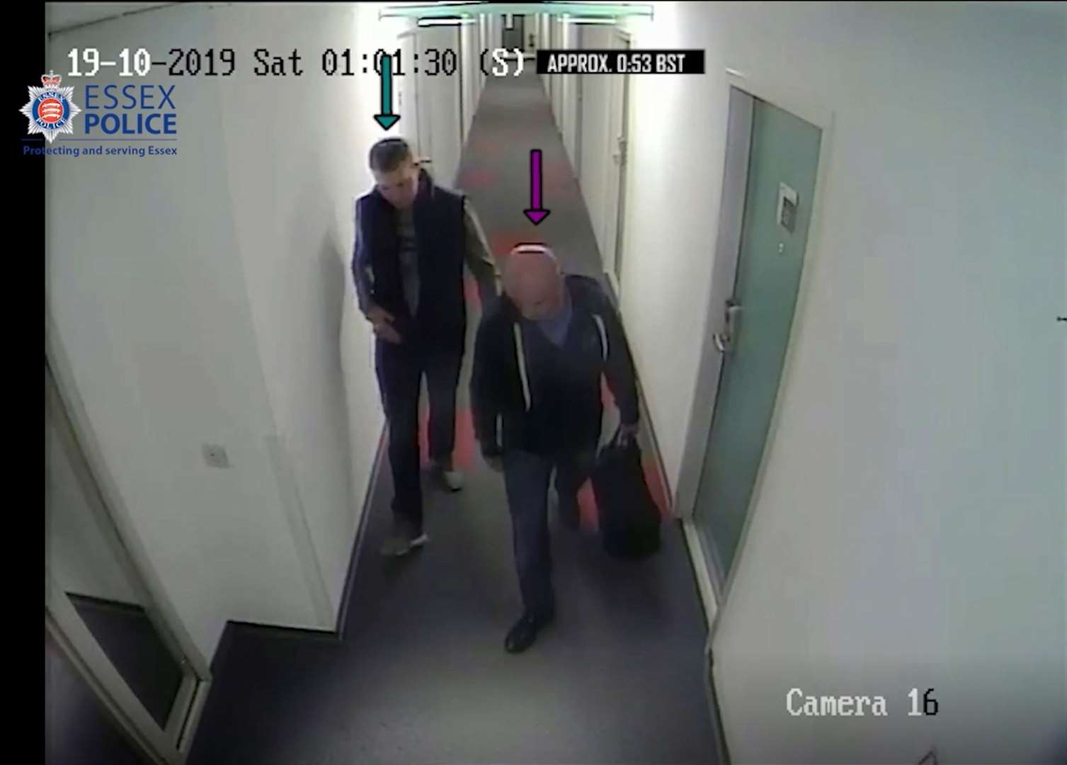 Partners in crime: Ronan Hughes (left) meeting Gheorghe Nica (right) with a bag of cash at Ibis Hotel on October 19 last year (Essex Police/PA)