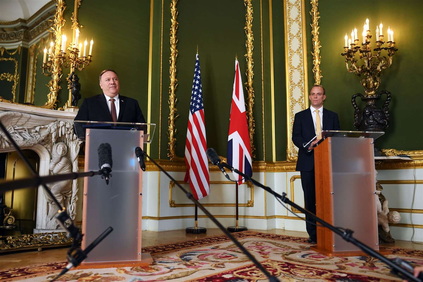 Foreign Secretary Dominic Raab and the United States Secretary of State, Mike Pompeo, during their press conference at Lancaster House in central London (Peter Summers/PA)