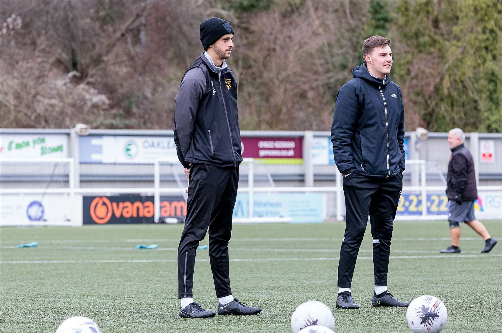 Ben Fuller and Jamie Hemsley observe training. Picture: Helen Cooper