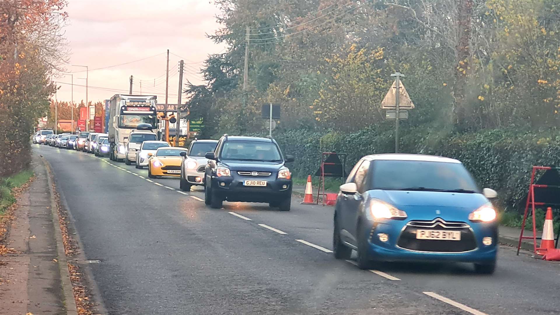 Long tailbacks on the A28 at Sturry where four-way traffic lights are operating