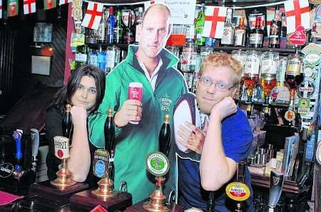 Liz Shier and Danny Vidgen with the remaining cardboard cut out of rugby star Lawrence Dalaglio