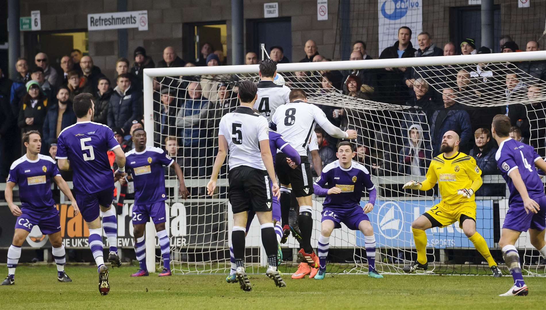 A typical Tom Bonner goal - heading home against East Thurrock in 2017. Picture: Andy Payton