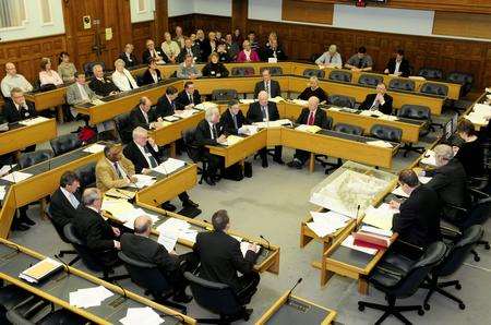 County Hall, Maidstone. Protest against plans to build a waste recycling plant in Sellindge. Planning meeting in progress. Picture by: Simon Hildrew