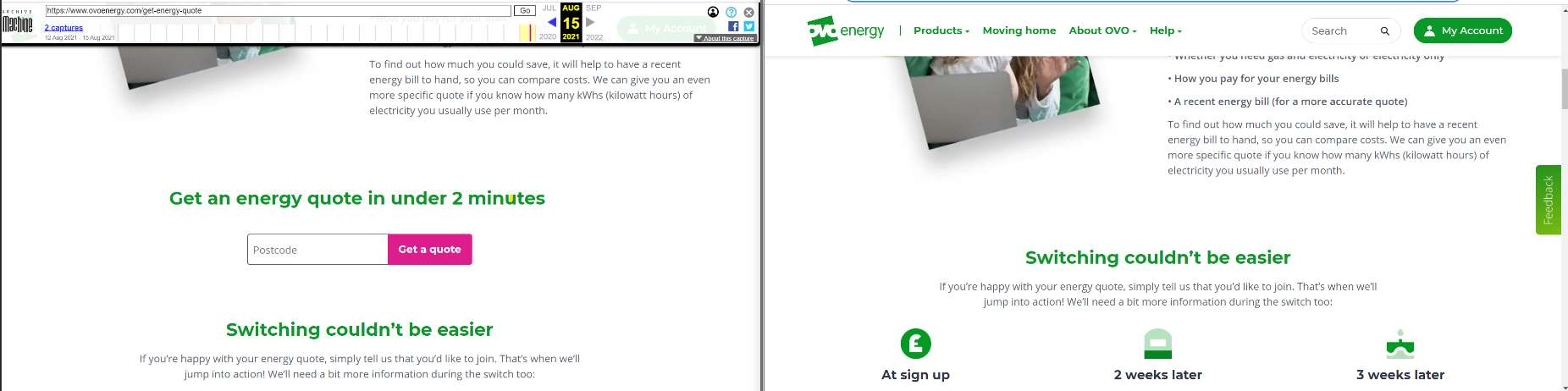 Ovo Energy’s ‘get a quote’ button was on its website in August, left, but has since been removed, right (Screenshot from Internet Archive)