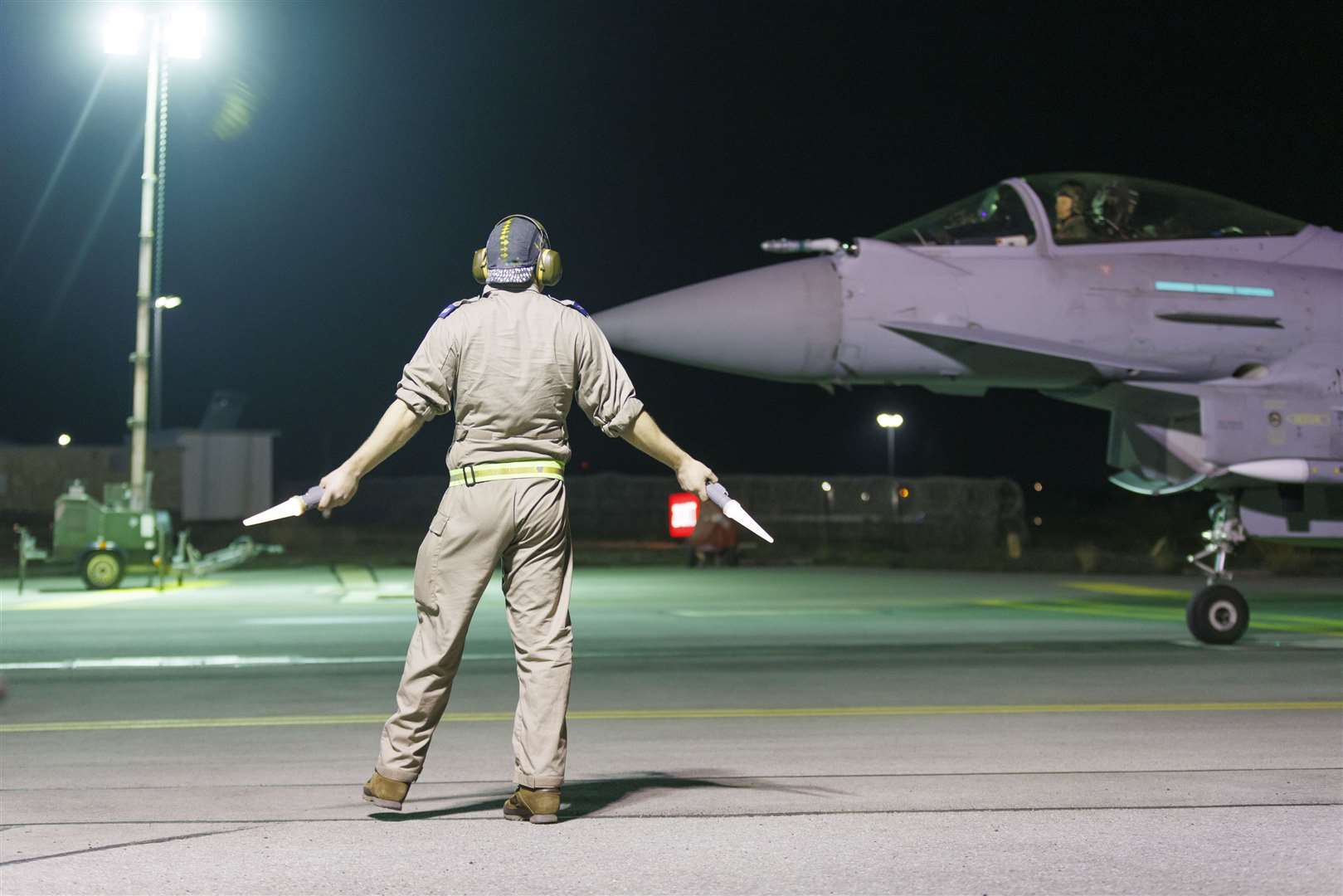 An RAF Typhoon FGR4 aircraft returns to base following strikes against Houthi targets in Yemen (AS1 Jake Green RAF/MOD/Crown Copyright/PA)