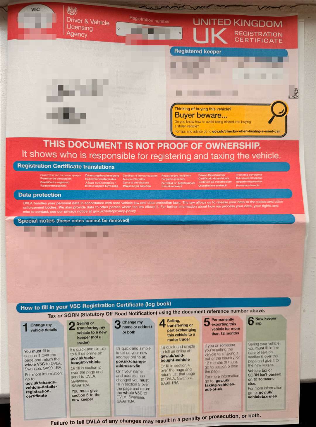 One of V5C vehicle registration documents from the DVLA