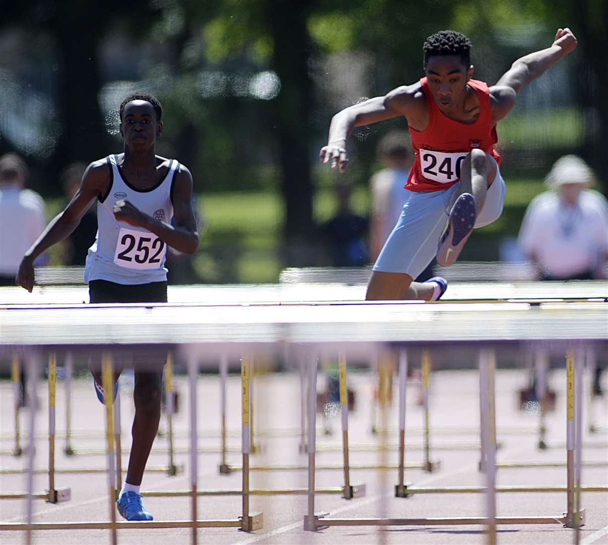 Central Park Athletics' Hans Nmaju (No.240) was the class of the field to win the under-15 boys' 80m hurdles title and also won the long jump crown. Picture: Barry Goodwin (56692404)