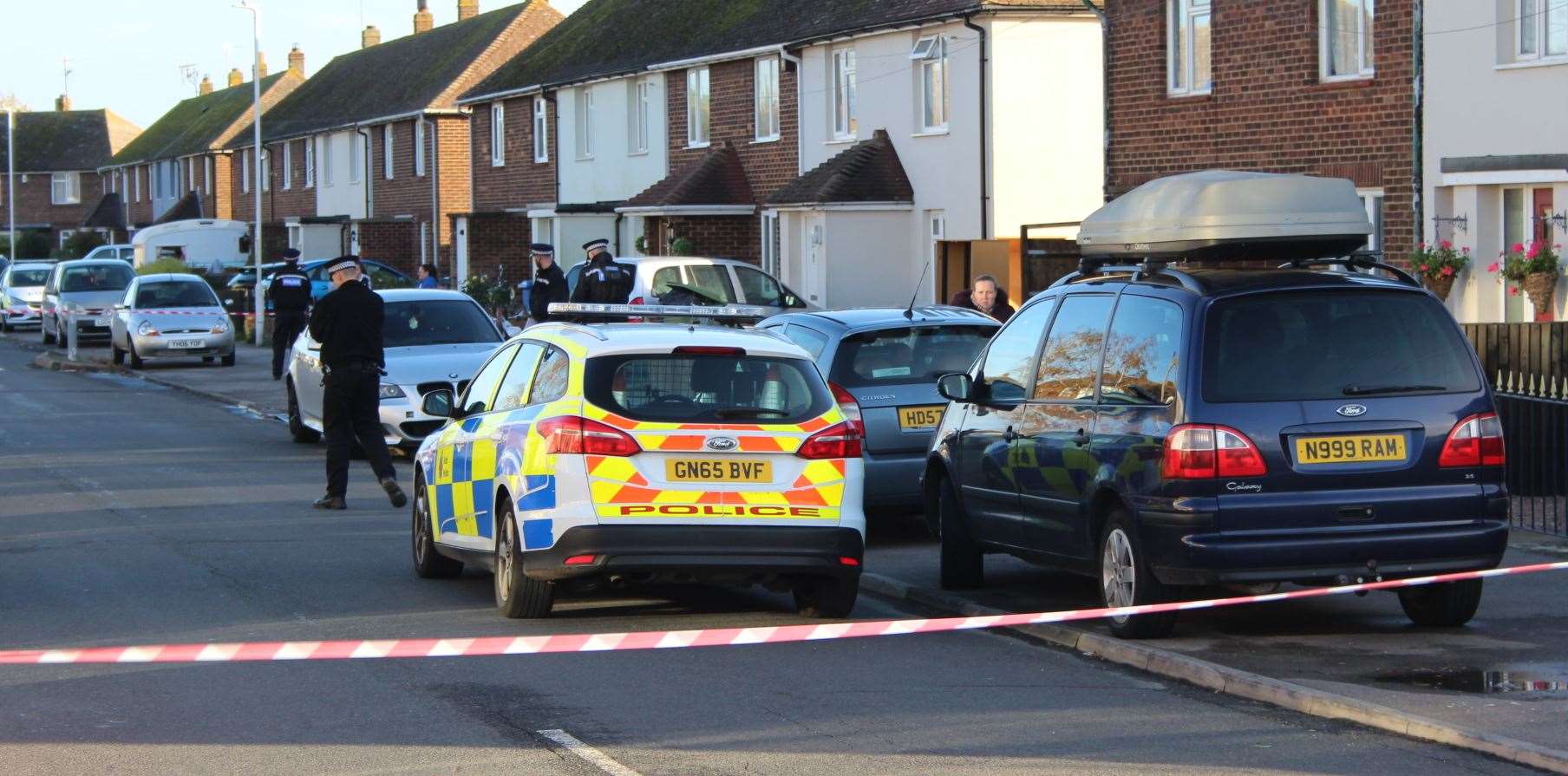 Police taped off Manor Road, Rushenden, after the stabbing on Remembrance Sunday