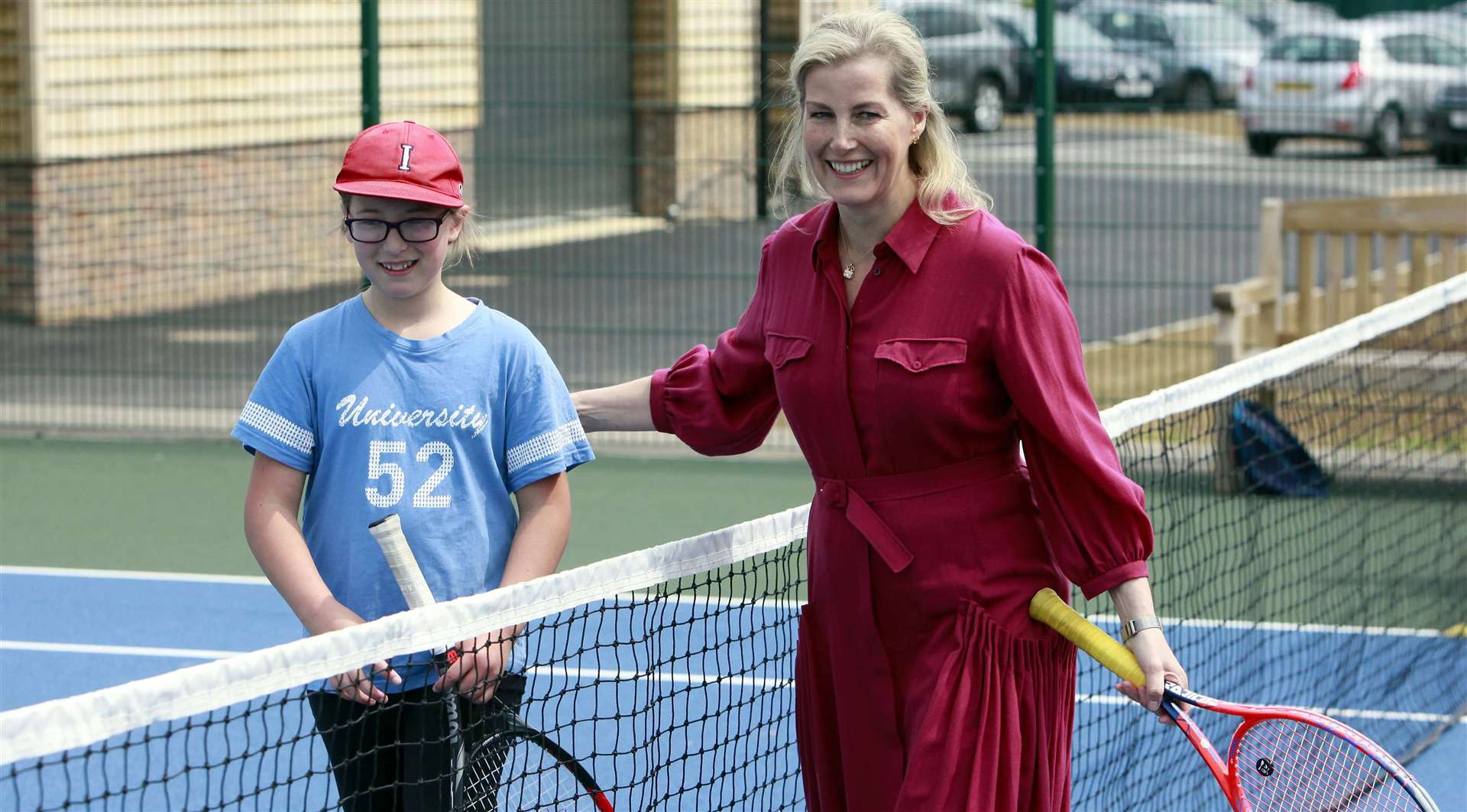 Sophie Countess of Wessex opens Marden Sports Club with young tennis player Indigo Williams, aged 11