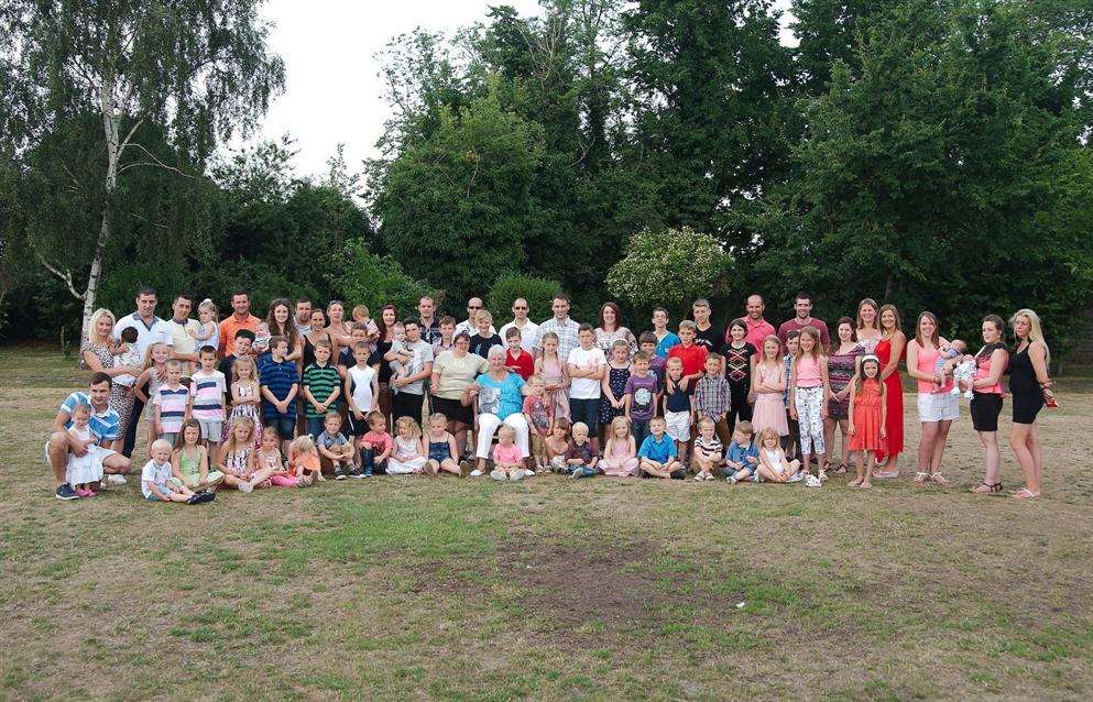 Margaret Gore (centre) at a family reunion with her seven children, 24 grandchildren and 51 great-grandchildren