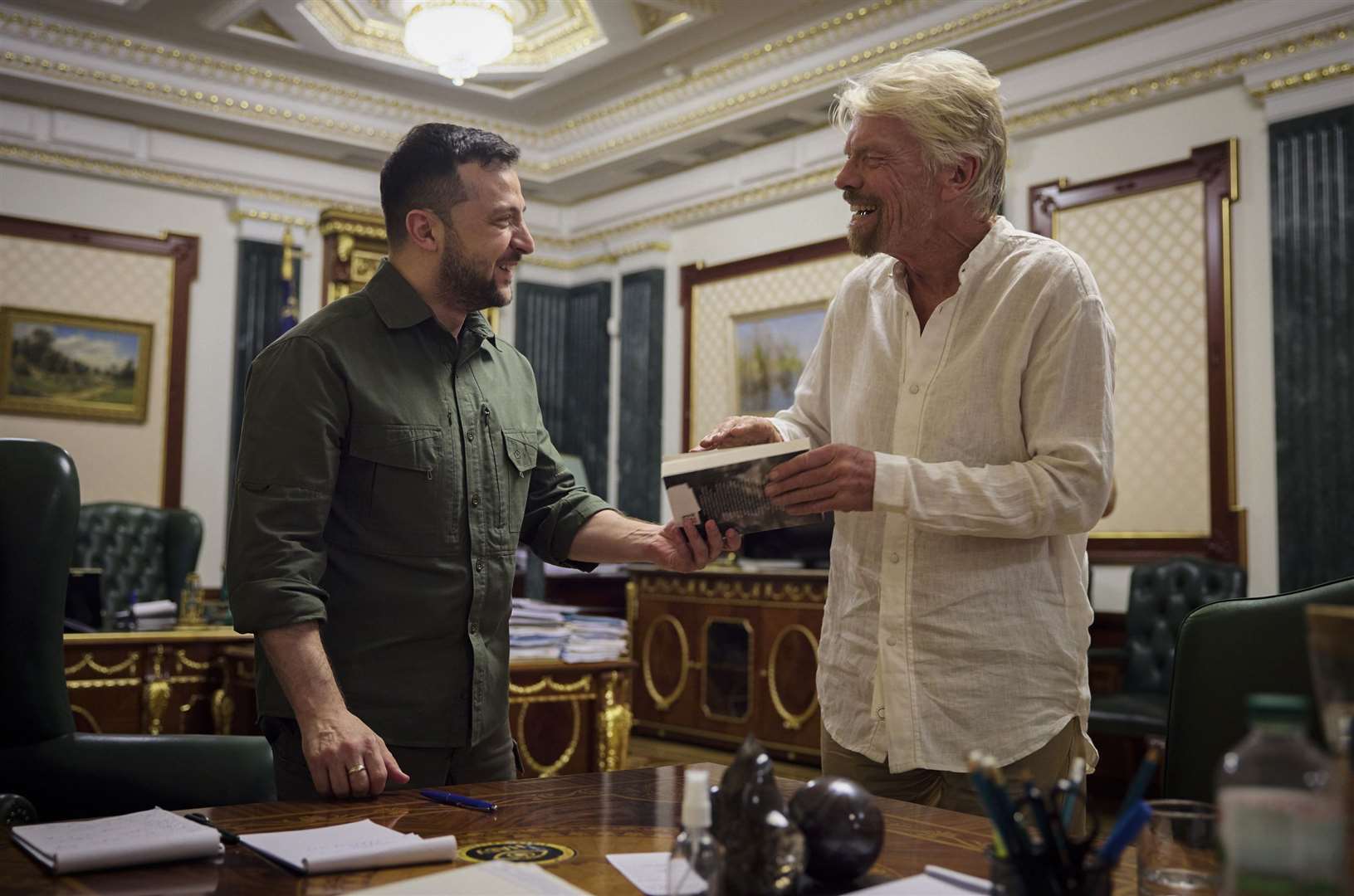 Ukrainian President Volodymyr Zelensky during his meeting with Sir Richard Branson in Kyiv on Wednesday (Ukrainian Presidential Press Office/AP)