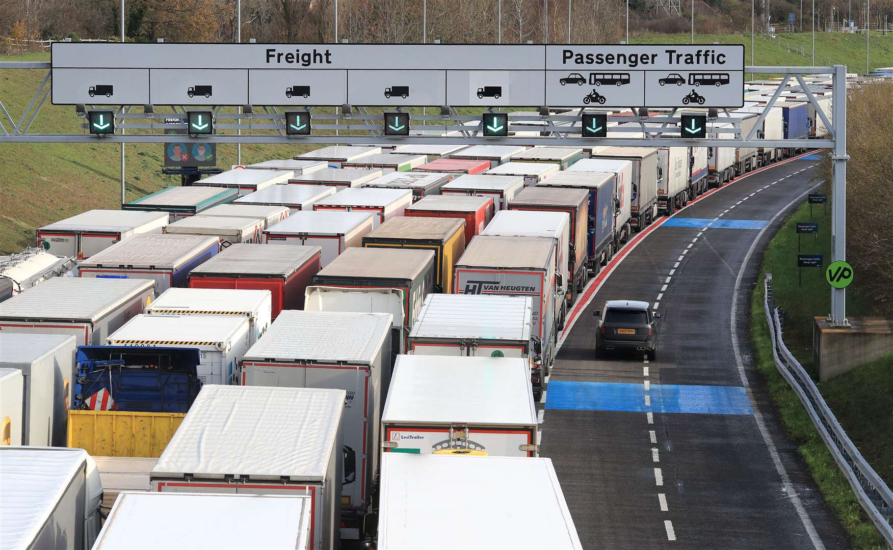 Freight lorries queue at the Eurotunnel site in Folkestone, Kent, as the clock ticks down on the chance for the UK to strike a deal before the end of the Brexit transition period on December 31 (Gareth Fuller/PA)