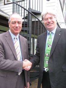 George Jessel, right, outgoing chairman of Kent County Agricultural Society, wishes good luck to his successor Kevin Attwood at the Kent Showground, Detling